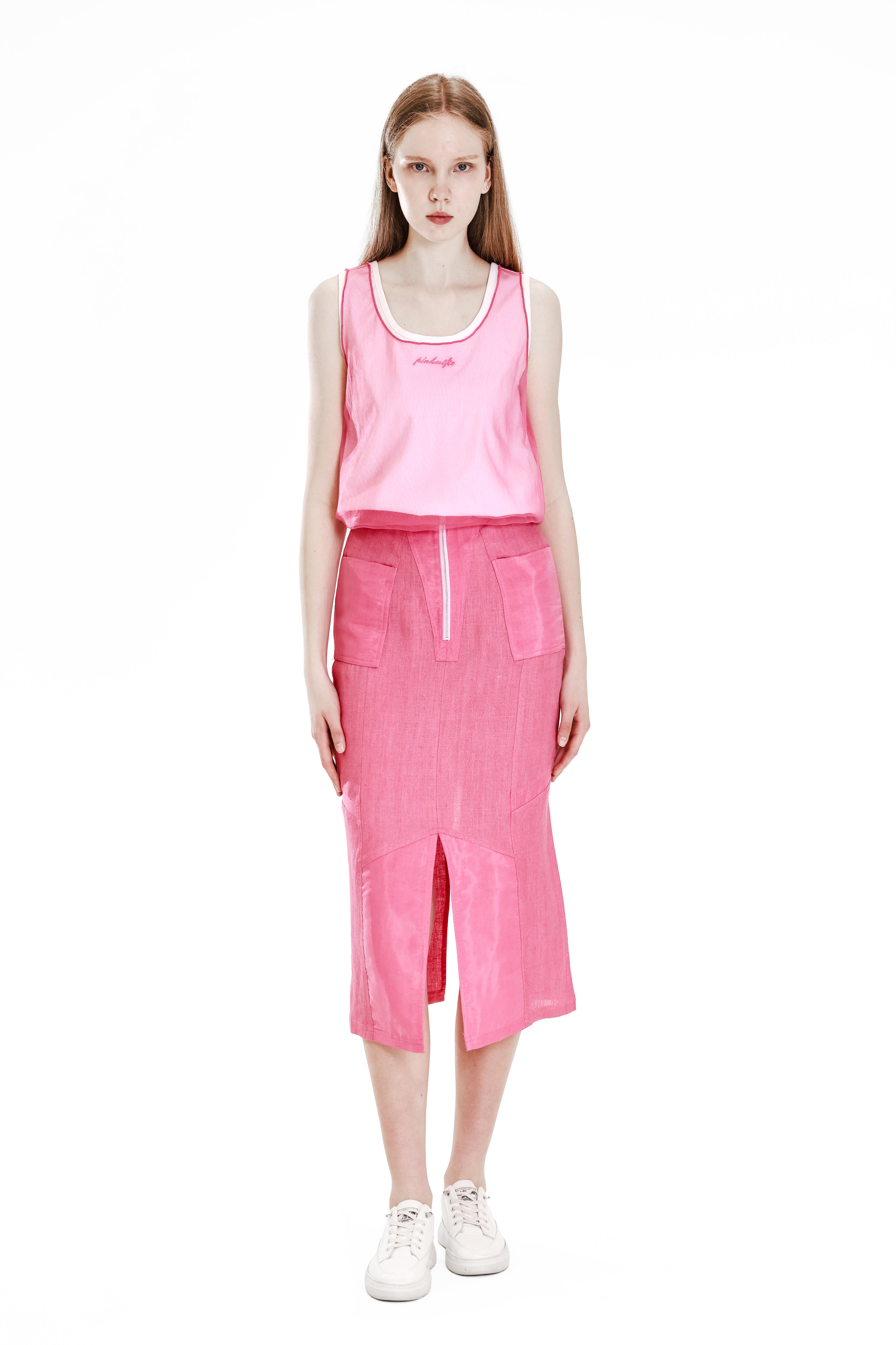 PEACH/BLACK MESH PANEL COTTON TANK TOP