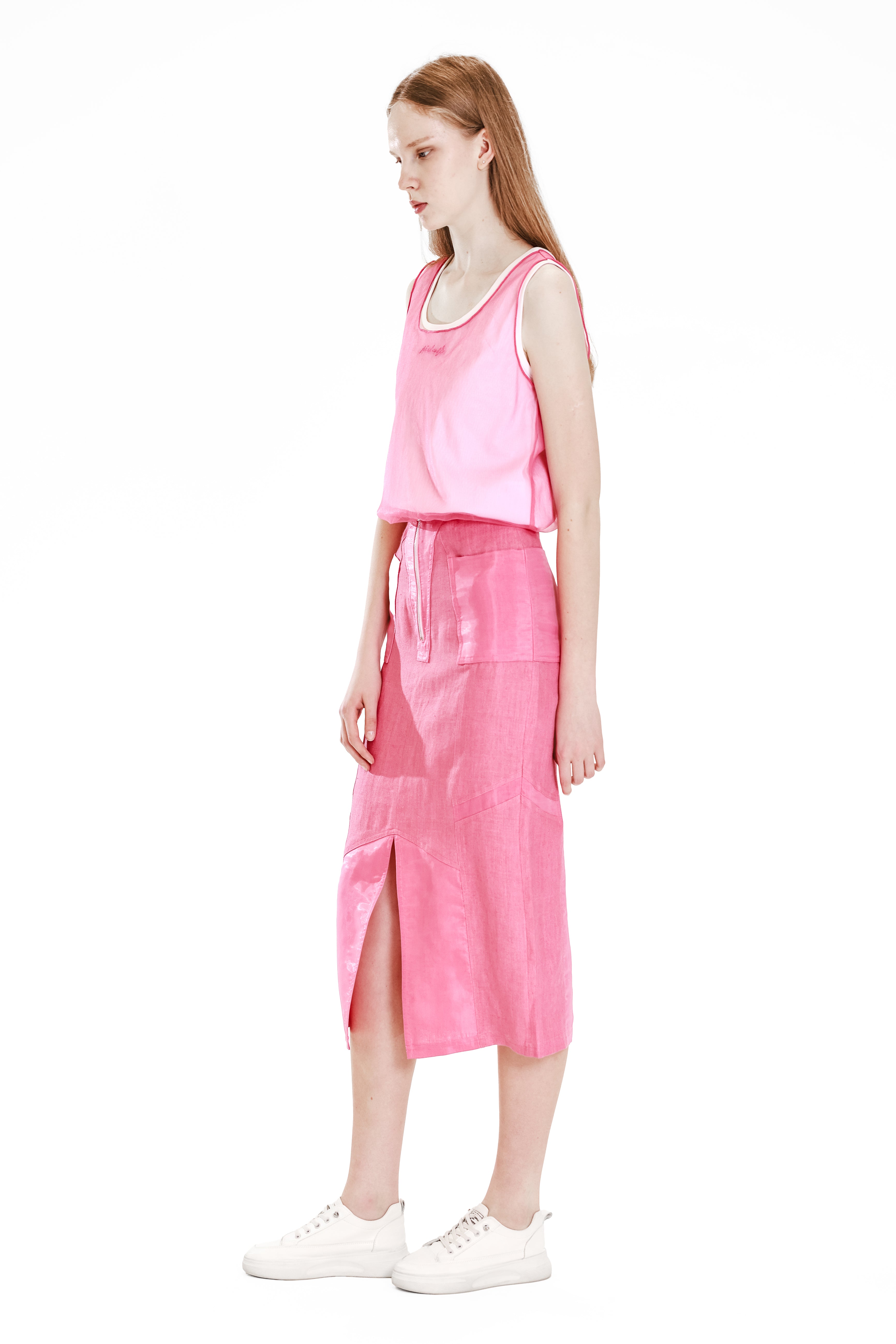 PEACH / MINT GREEN LINEN SADDLE PANEL SLIT MAXI SKIRT