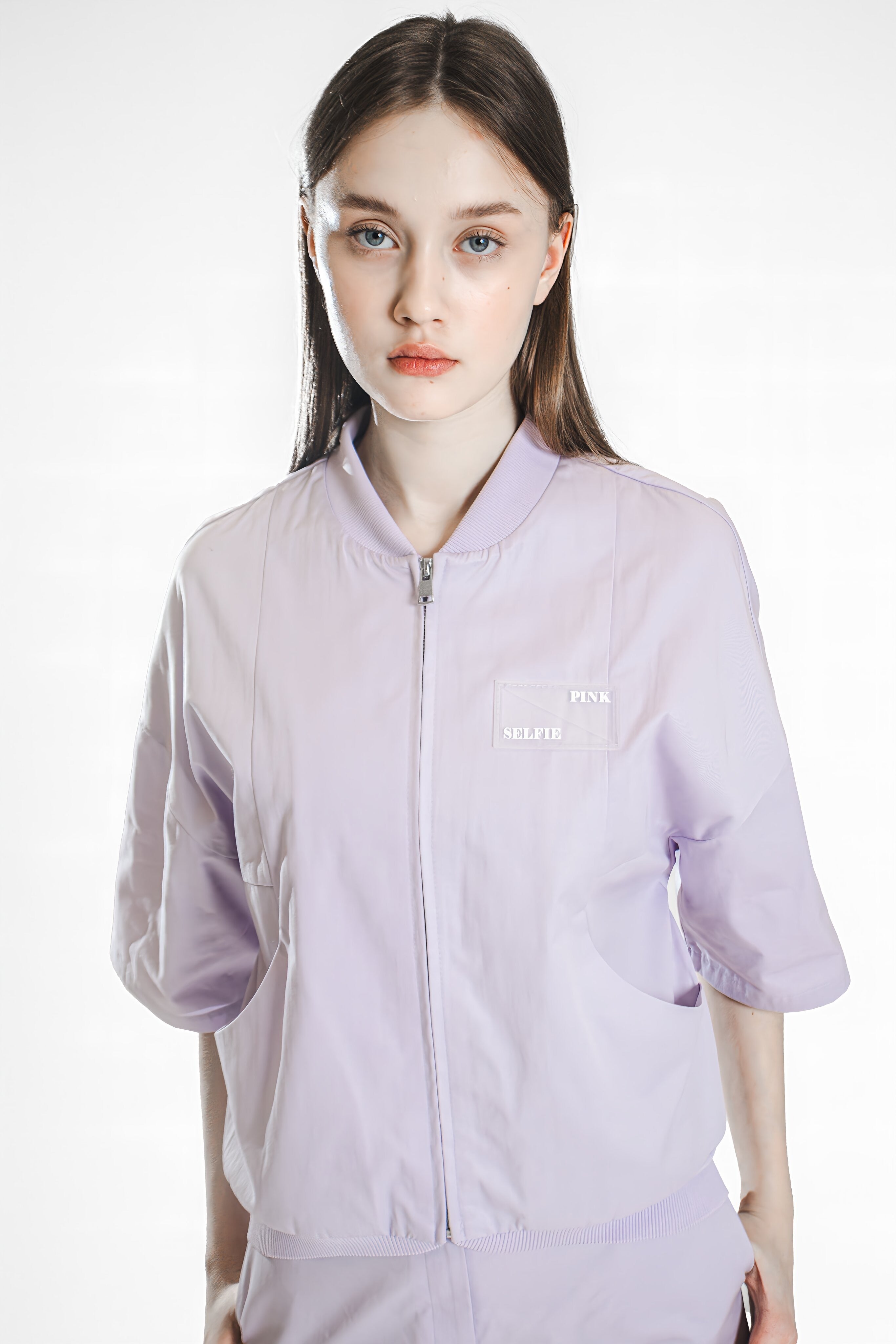 PEARL BEIGE / ICE PURPLE CROPPED BASEBALL JACKET