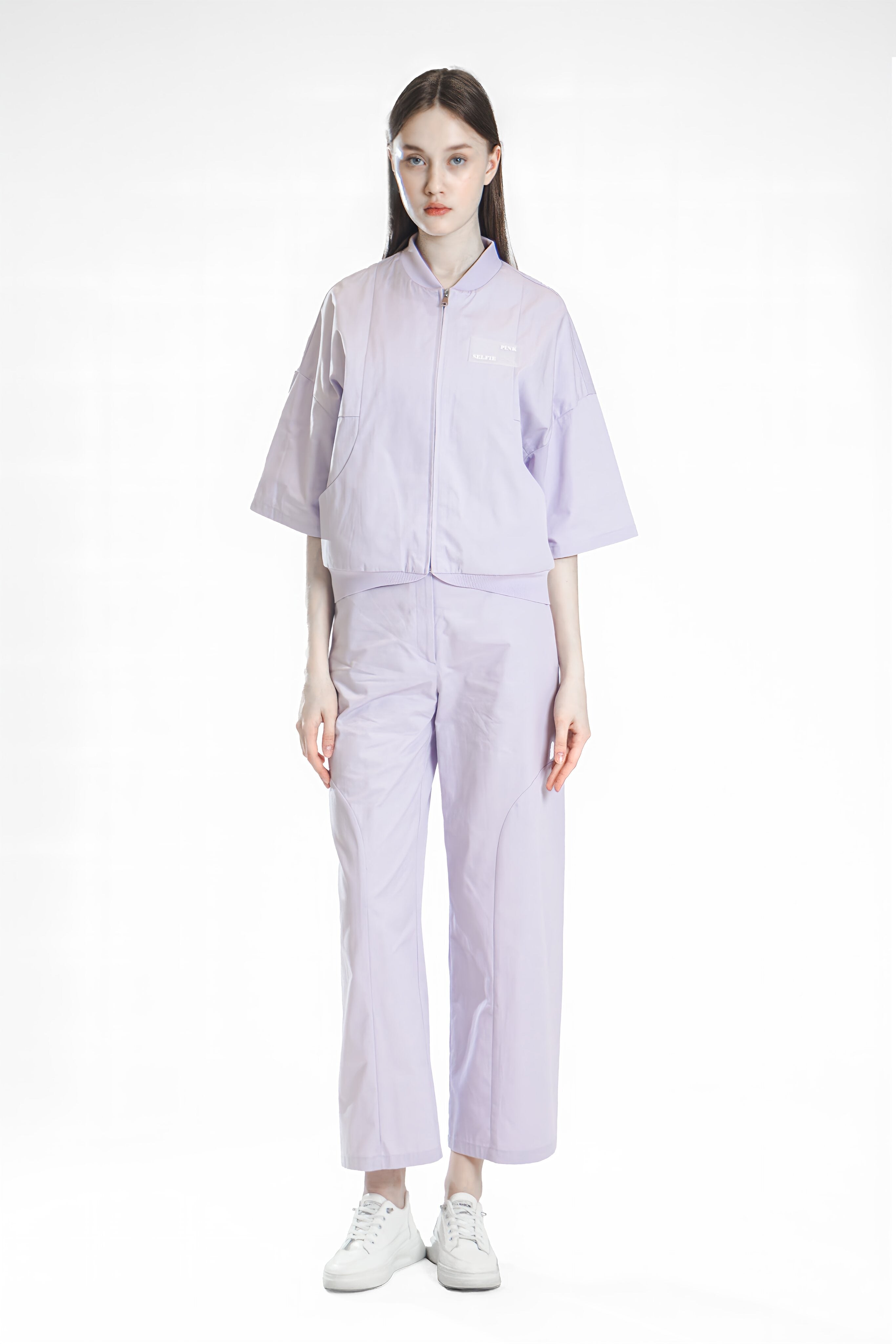PEARL BEIGE / ICE PURPLE CROPPED BASEBALL JACKET