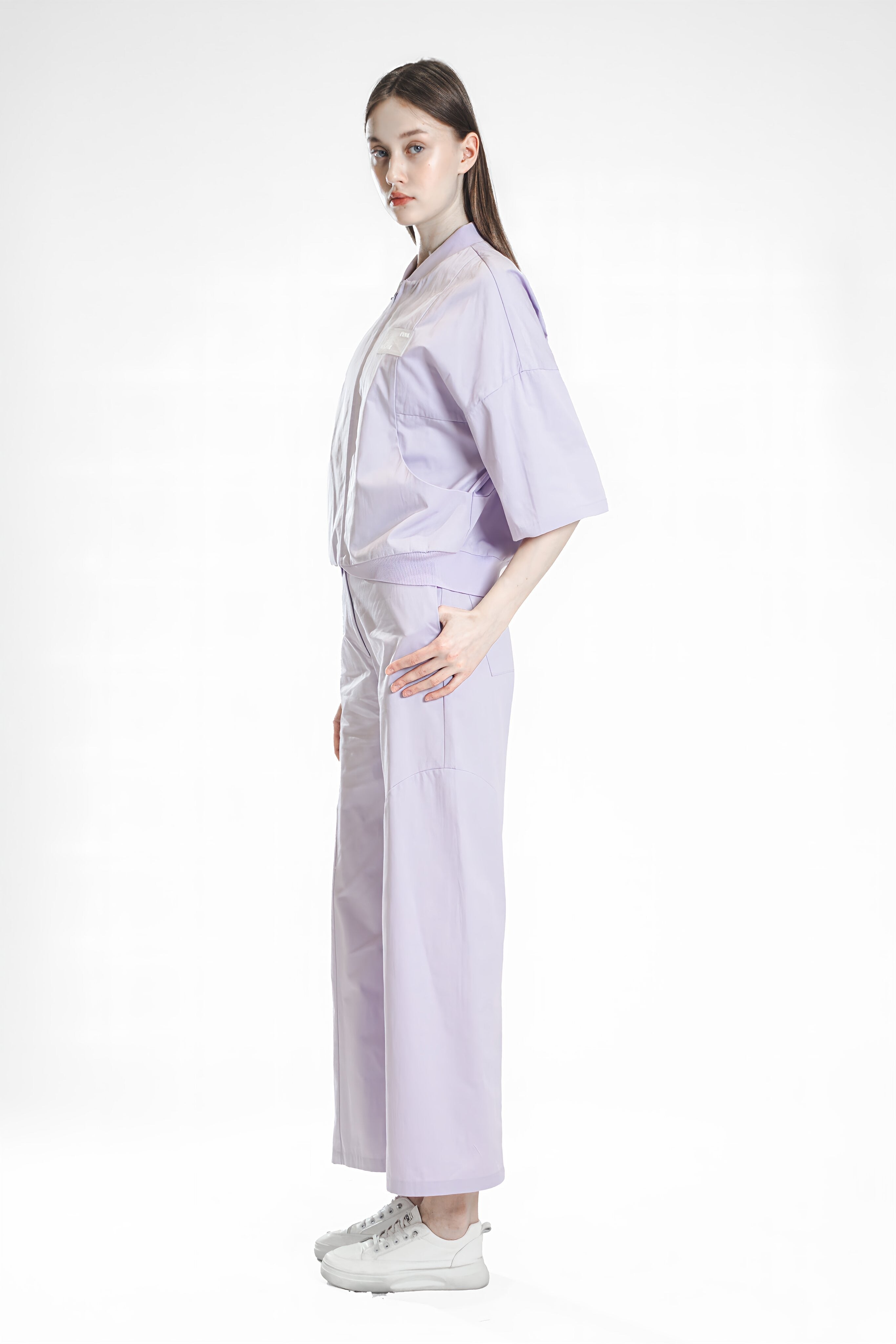 PEARL BEIGE / ICE PURPLE CROPPED BASEBALL JACKET