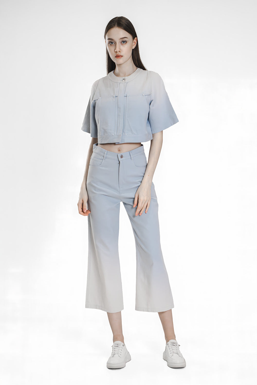 PINK / BLUE GRADIENT 5/6 SLEEVE CROPPED DENIM JACKET