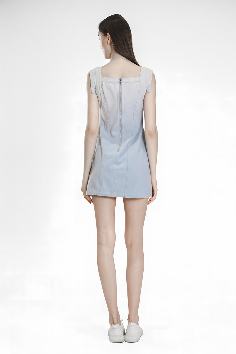 PINK / BLUE GRADIENT FITTED DENIM DRESS WITH SHOULDER STRAPS