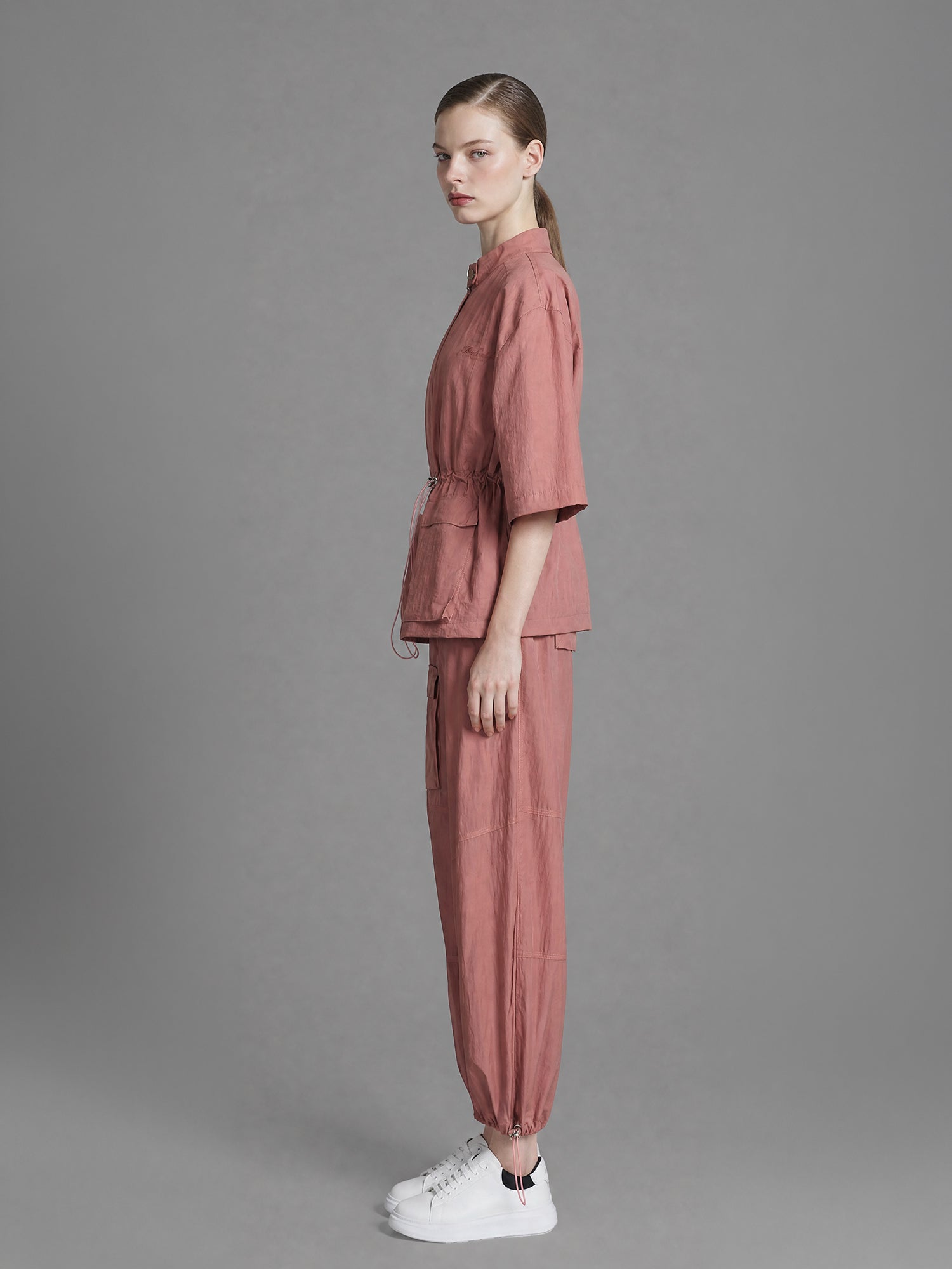 DEEP BROWN/DESERT PINK 3/4 SLEEVE DROPPED-SHOULDER MID-LENGTH TRENCH COAT