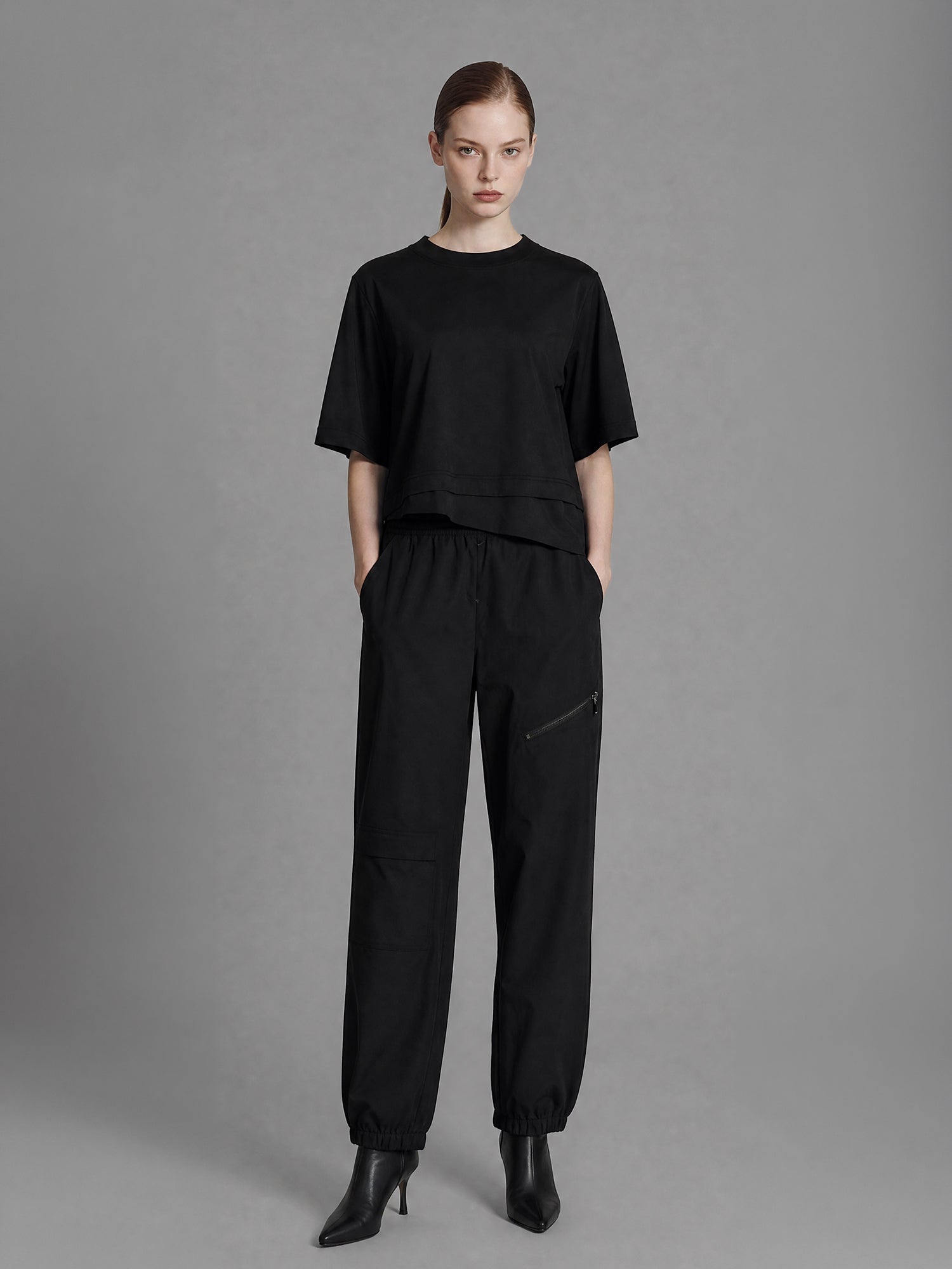 CLASSIC BLACK/STARLIGHT WHITE LINEN SHEER EMBROIDERED CROPPED T-SHIRT