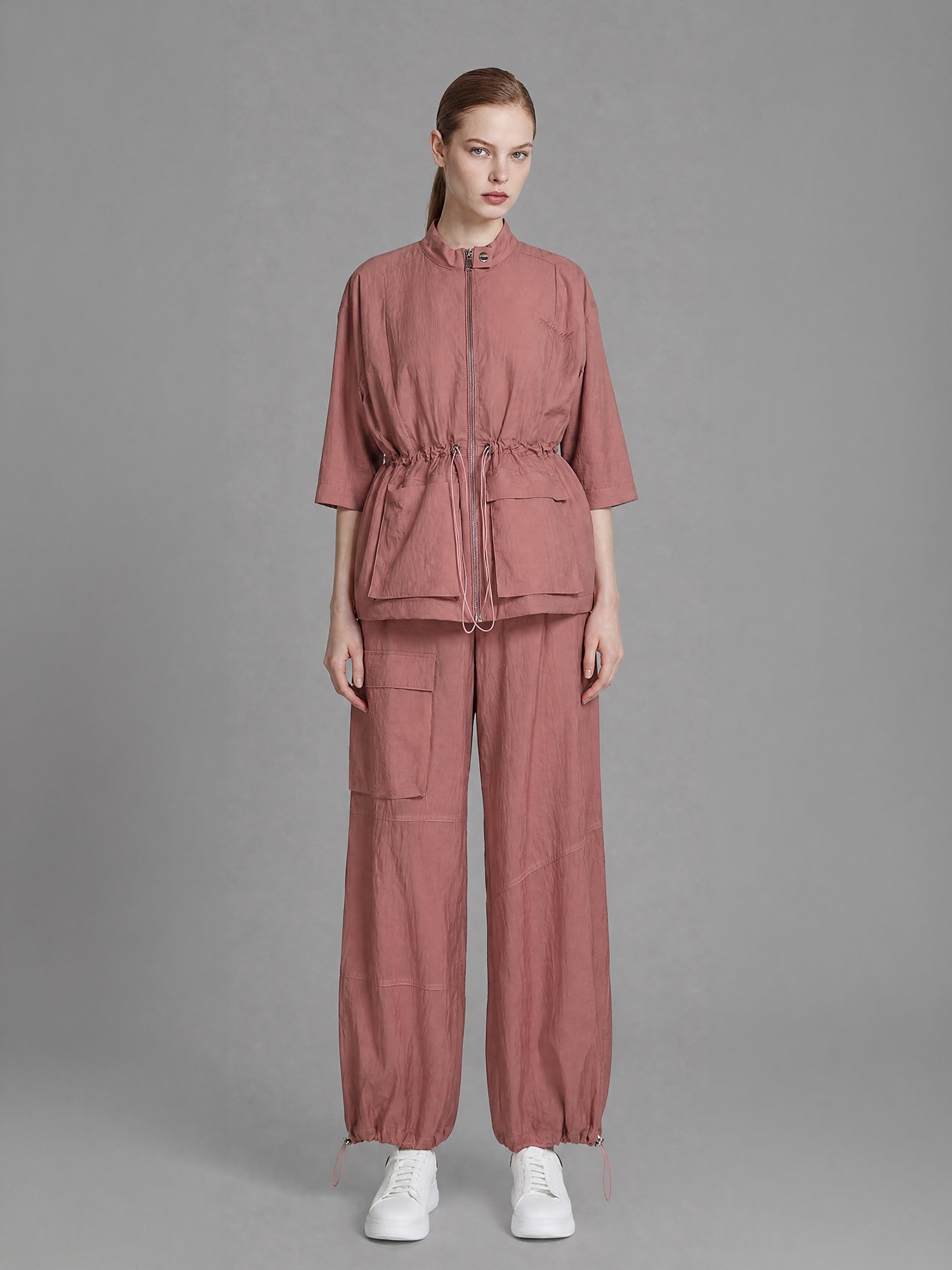DEEP BROWN/DESERT PINK 3/4 SLEEVE DROPPED-SHOULDER MID-LENGTH TRENCH COAT