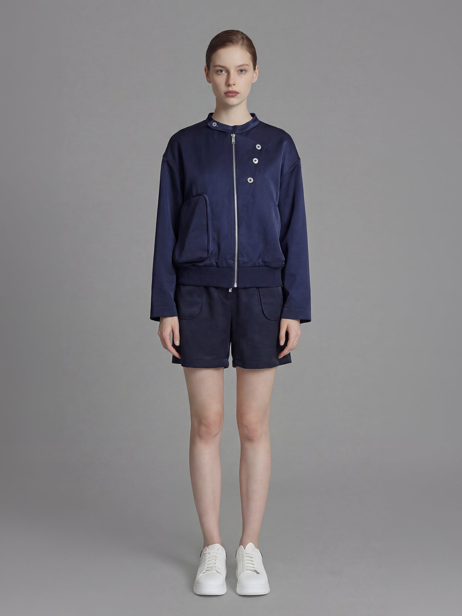 STARRY WHITE / MIDNIGHT BLUE SATIN 3/4 SLEEVE JACKET