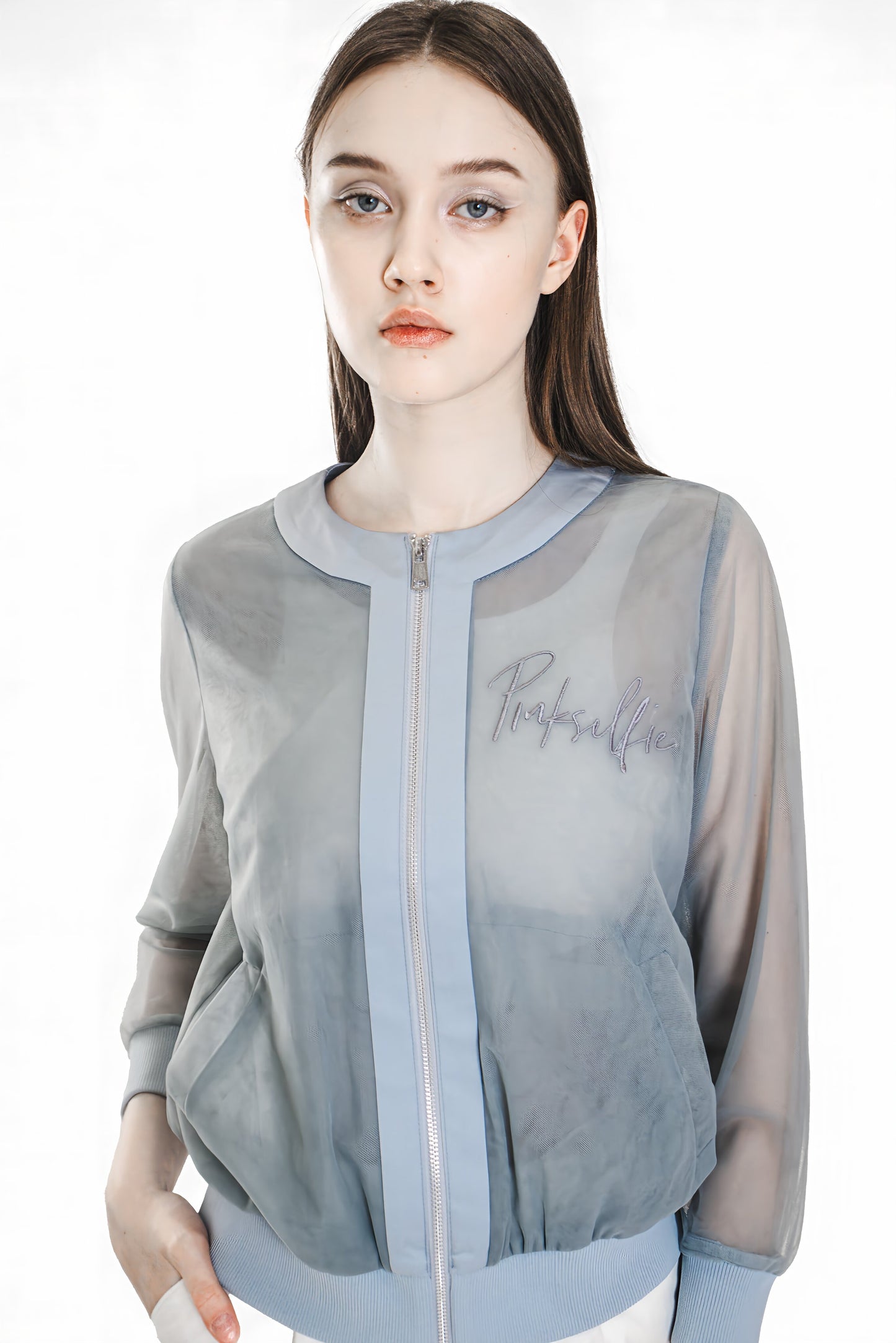 
                  
                    SHEER MESH JACKET IN PURPLE/BLUE TONES
                  
                