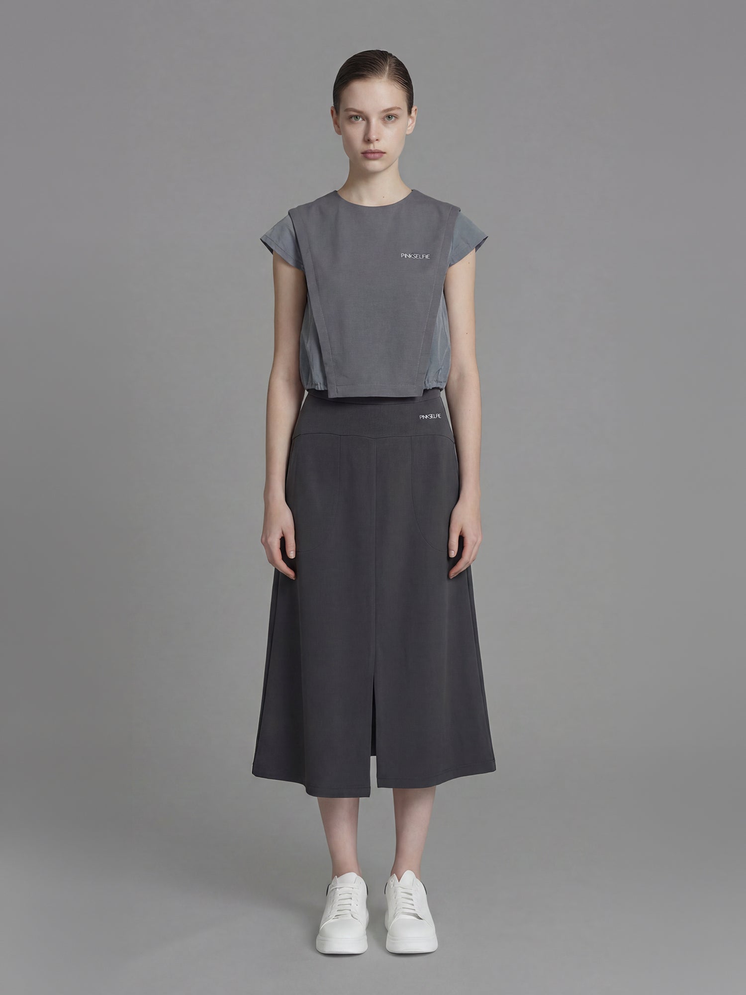 SOFT APRICOT PINK / COOL MIST GREY TRENCH-COTTON PANEL TOP