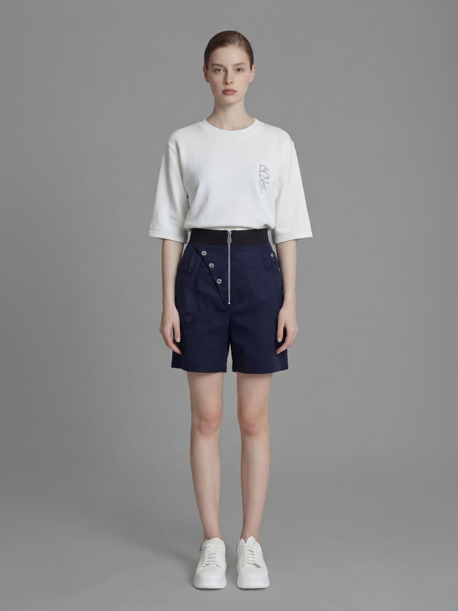 STARRY WHITE / MIDNIGHT BLUE SATIN FUTURISTIC SHORTS