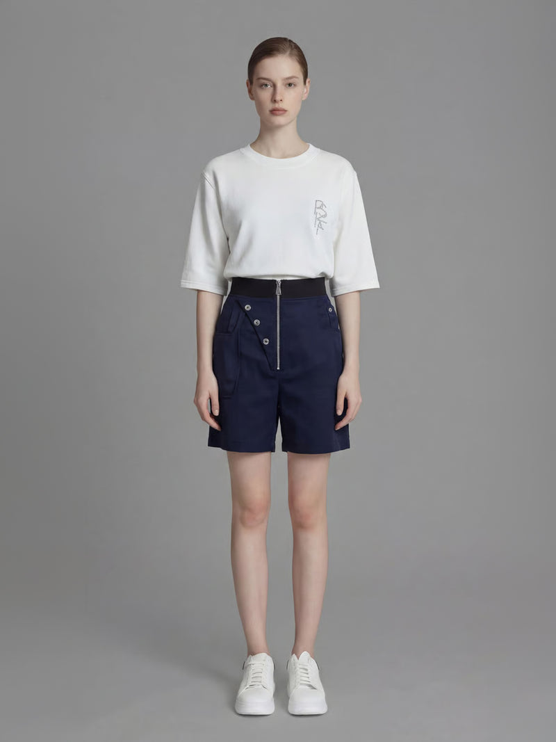 STARRY WHITE / MIDNIGHT BLUE SATIN FUTURISTIC SHORTS