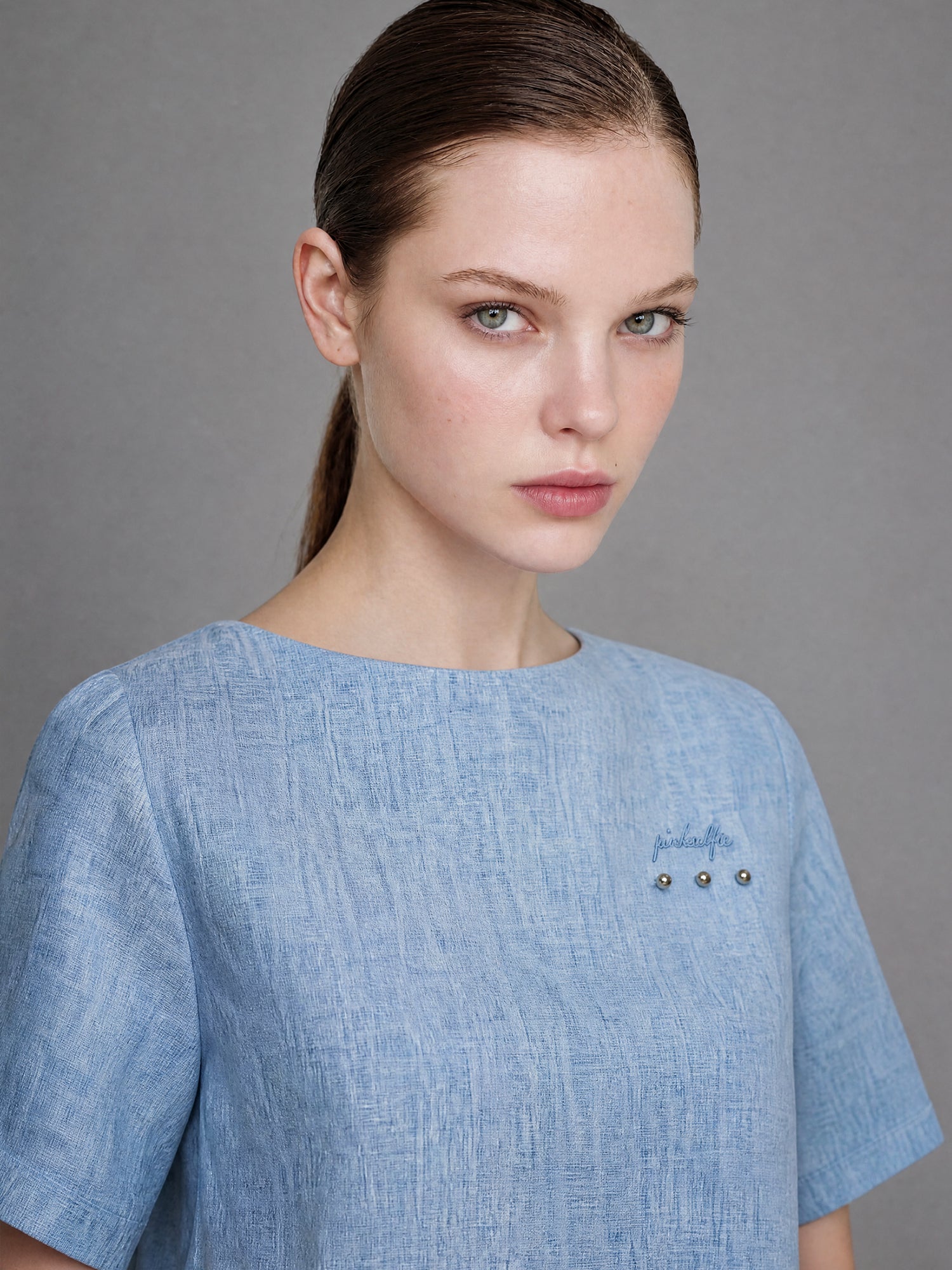 ICE BLUE/LAKE GREEN LINEN PATCHWORK CROPPED TOP