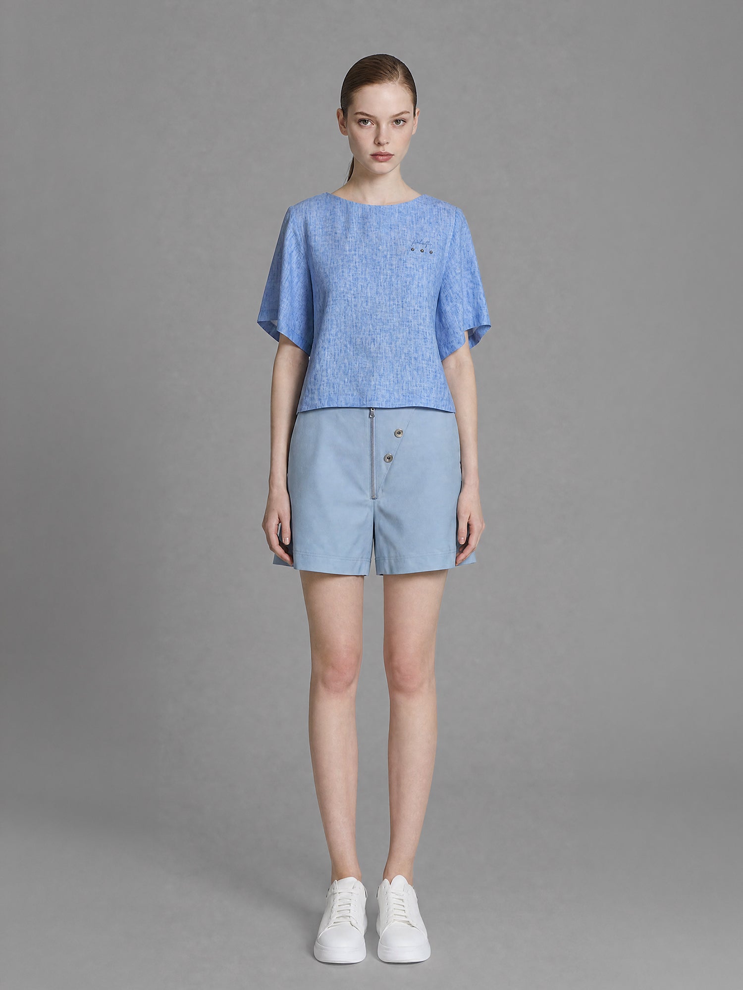 ICE BLUE/LAKE GREEN LINEN PATCHWORK CROPPED TOP