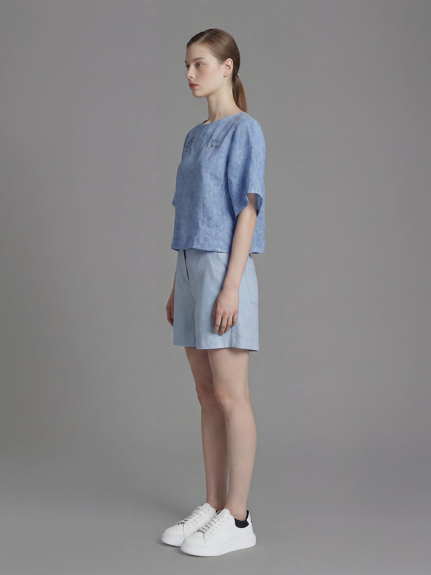 ICE BLUE/LAKE GREEN LINEN PATCHWORK CROPPED TOP
