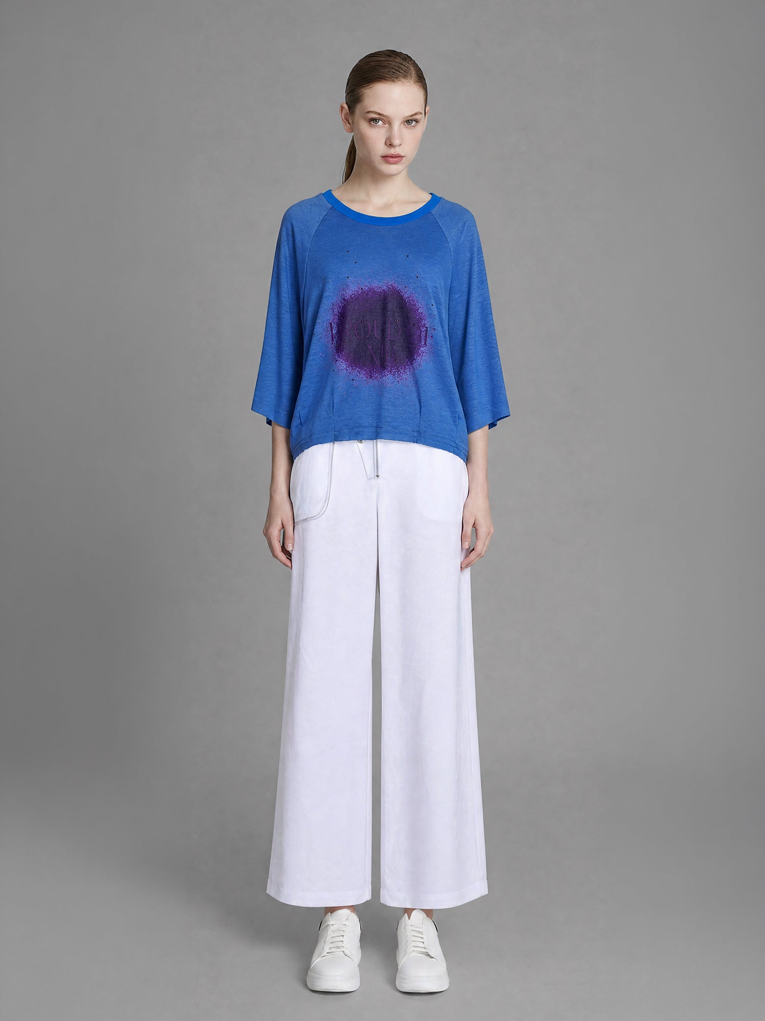 STARRY WHITE/ICE BLUE COTTON CROPPED 3/4 SLEEVE TOP