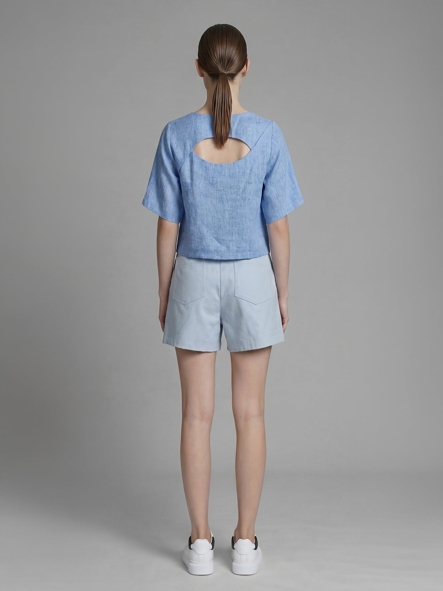 ICE BLUE/LAKE GREEN LINEN PATCHWORK CROPPED TOP