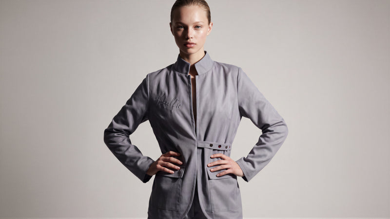 COOL MIST GREY / DEEP CHOCOLATE BROWN MESH BLAZER