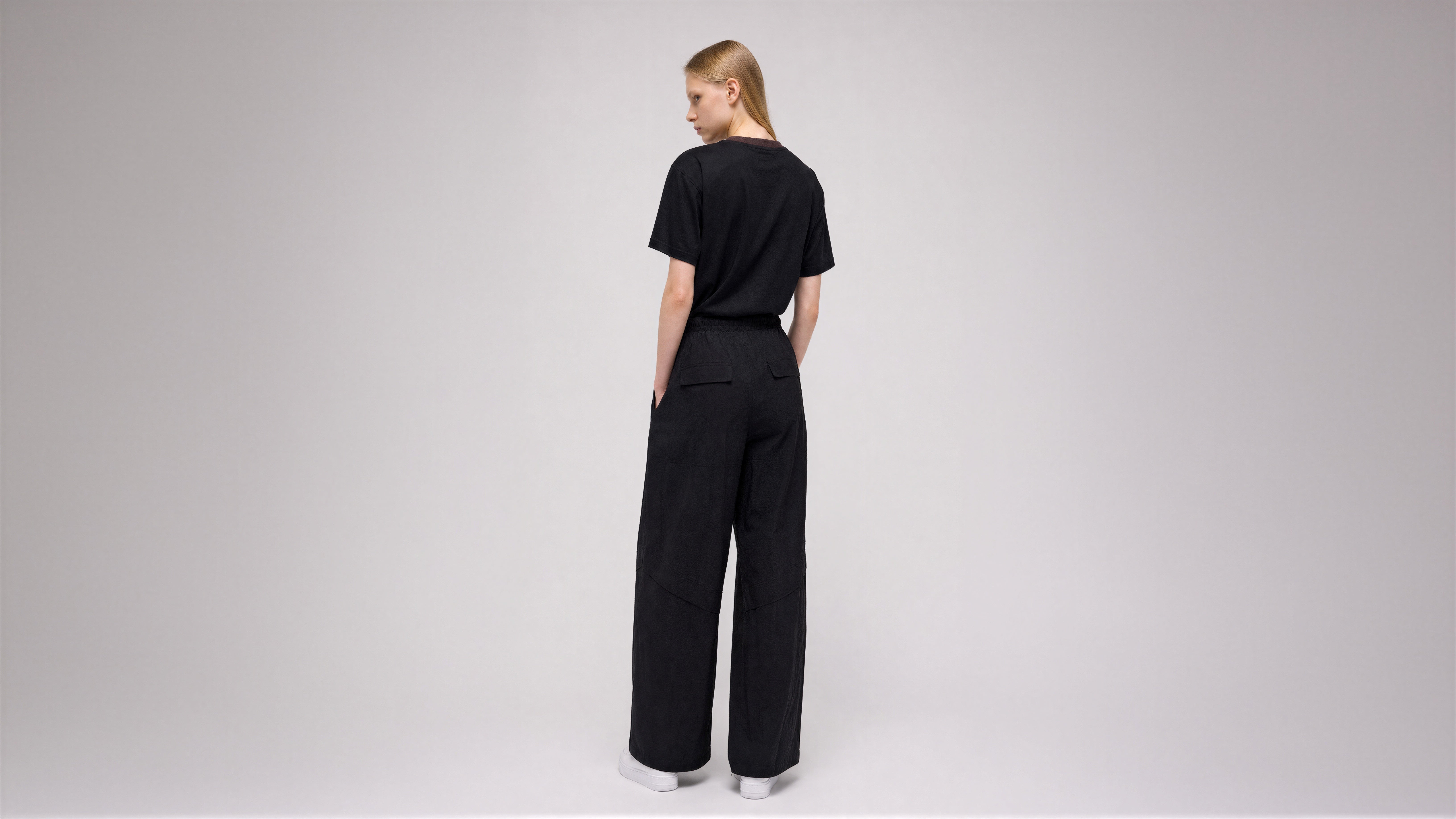 MIDNIGHT BLACK / COOL TAUPE FUTURISTIC RELAXED STRAIGHT-LEG TRENCH PANTS