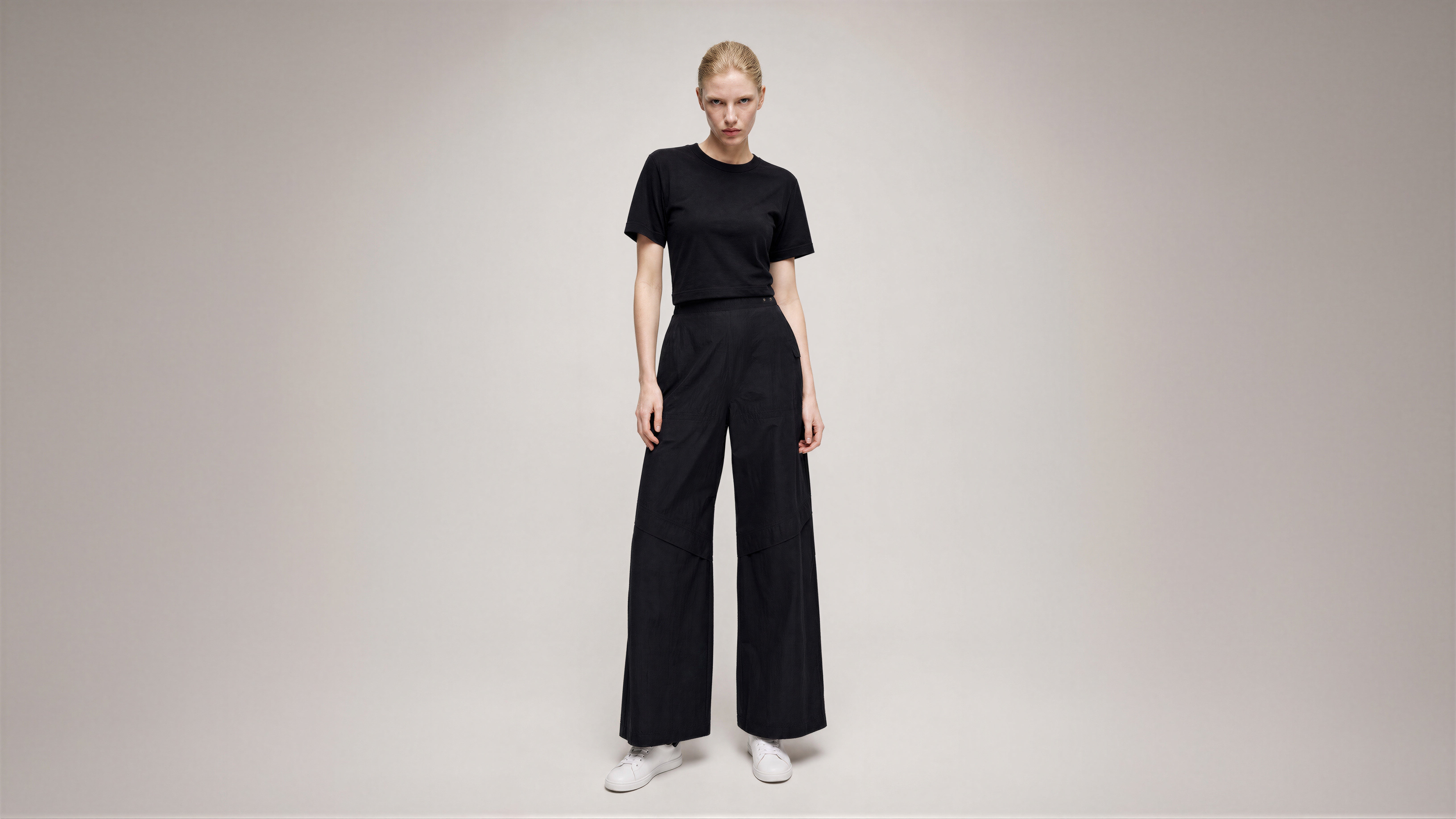 MIDNIGHT BLACK / COOL TAUPE FUTURISTIC RELAXED STRAIGHT-LEG TRENCH PANTS