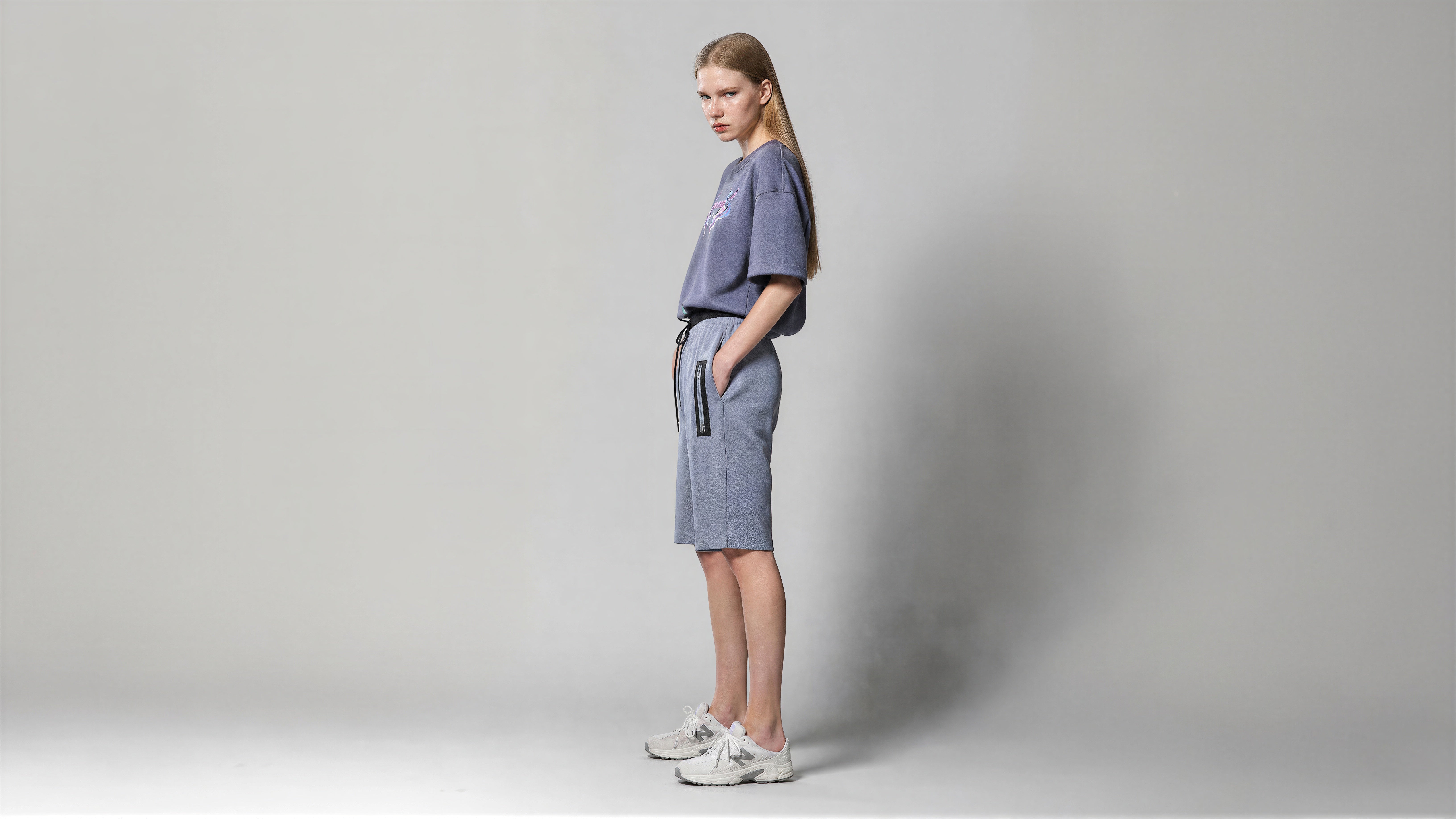 COOL GREY BLUE / COOL GREY BROWN LINEN CASUAL KNEE-LENGTH SHORTS
