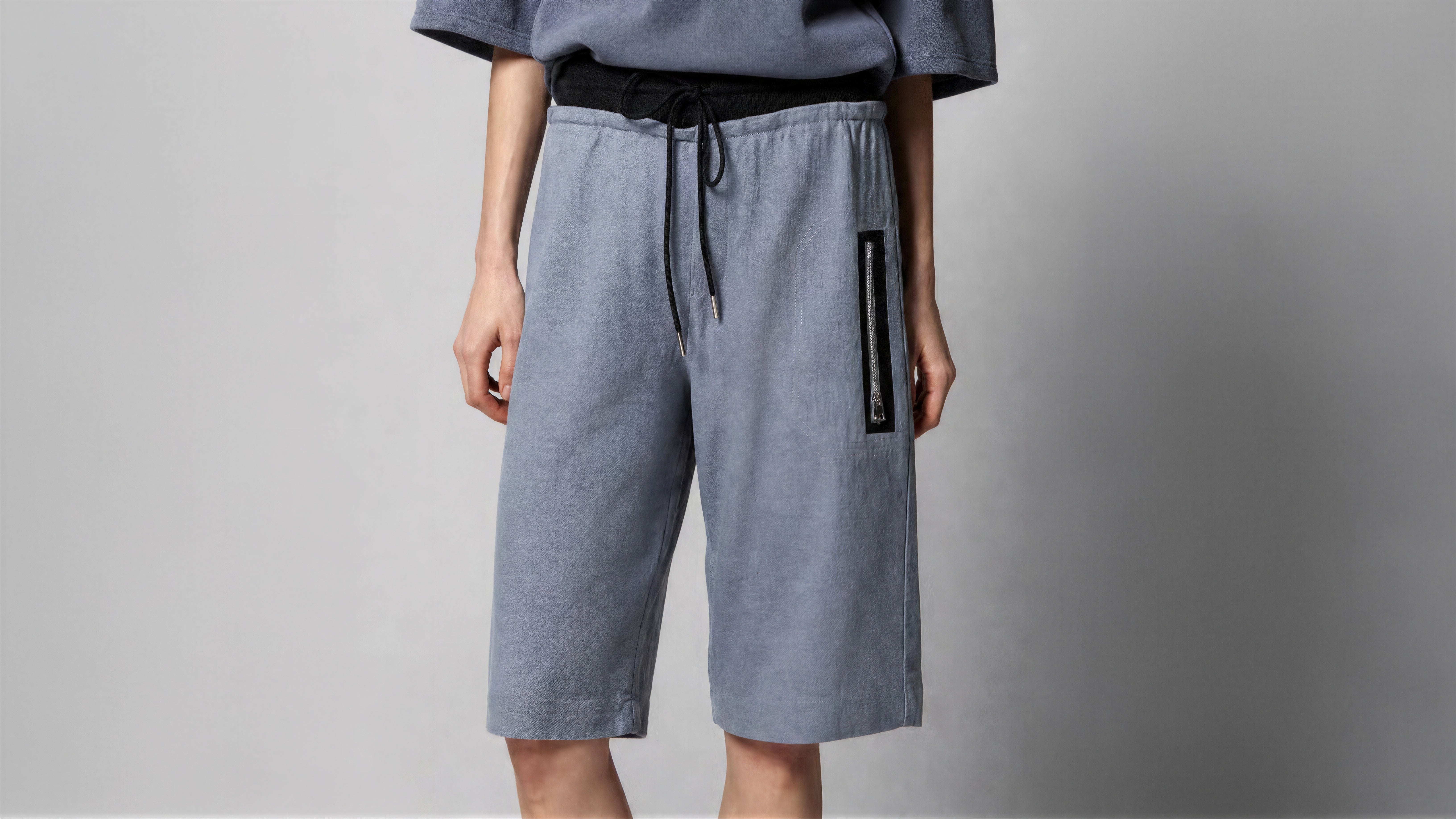 COOL GREY BLUE / COOL GREY BROWN LINEN CASUAL KNEE-LENGTH SHORTS