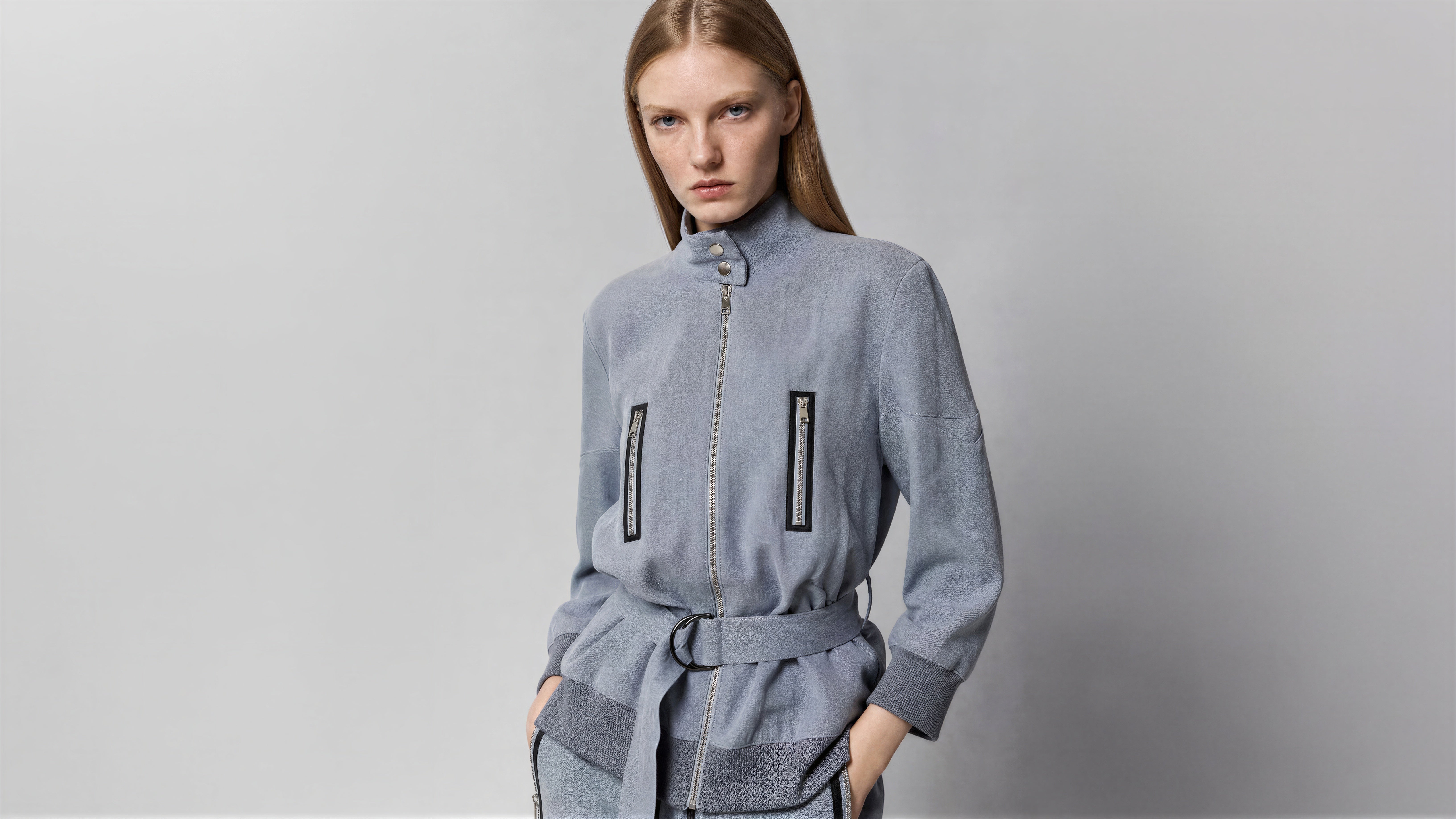 COOL GREY BLUE / COOL GREY BROWN LINEN CASUAL 3/4-SLEEVE JACKET
