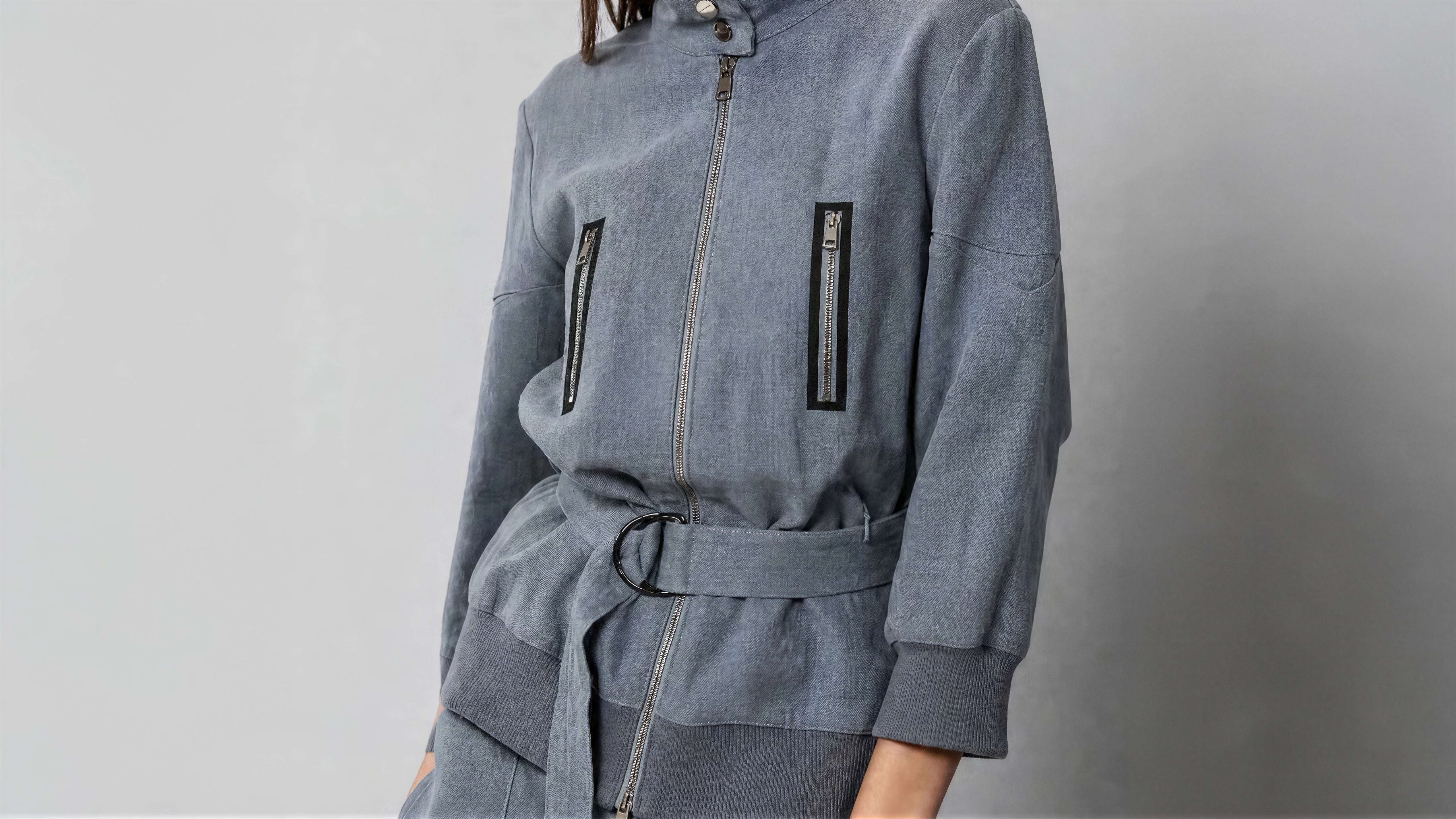 COOL GREY BLUE / COOL GREY BROWN LINEN CASUAL 3/4-SLEEVE JACKET