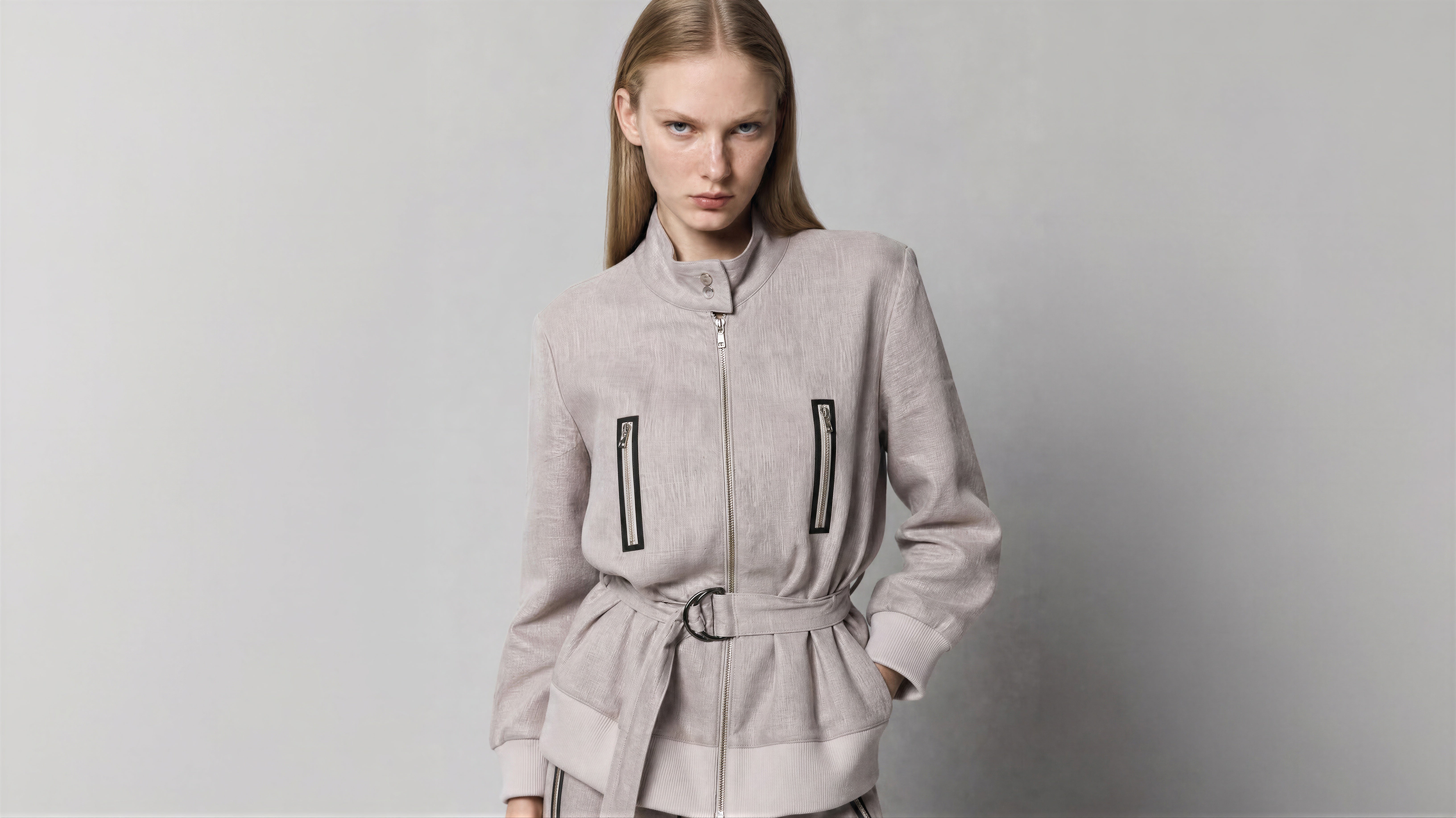COOL GREY BLUE / COOL GREY BROWN LINEN CASUAL 3/4-SLEEVE JACKET