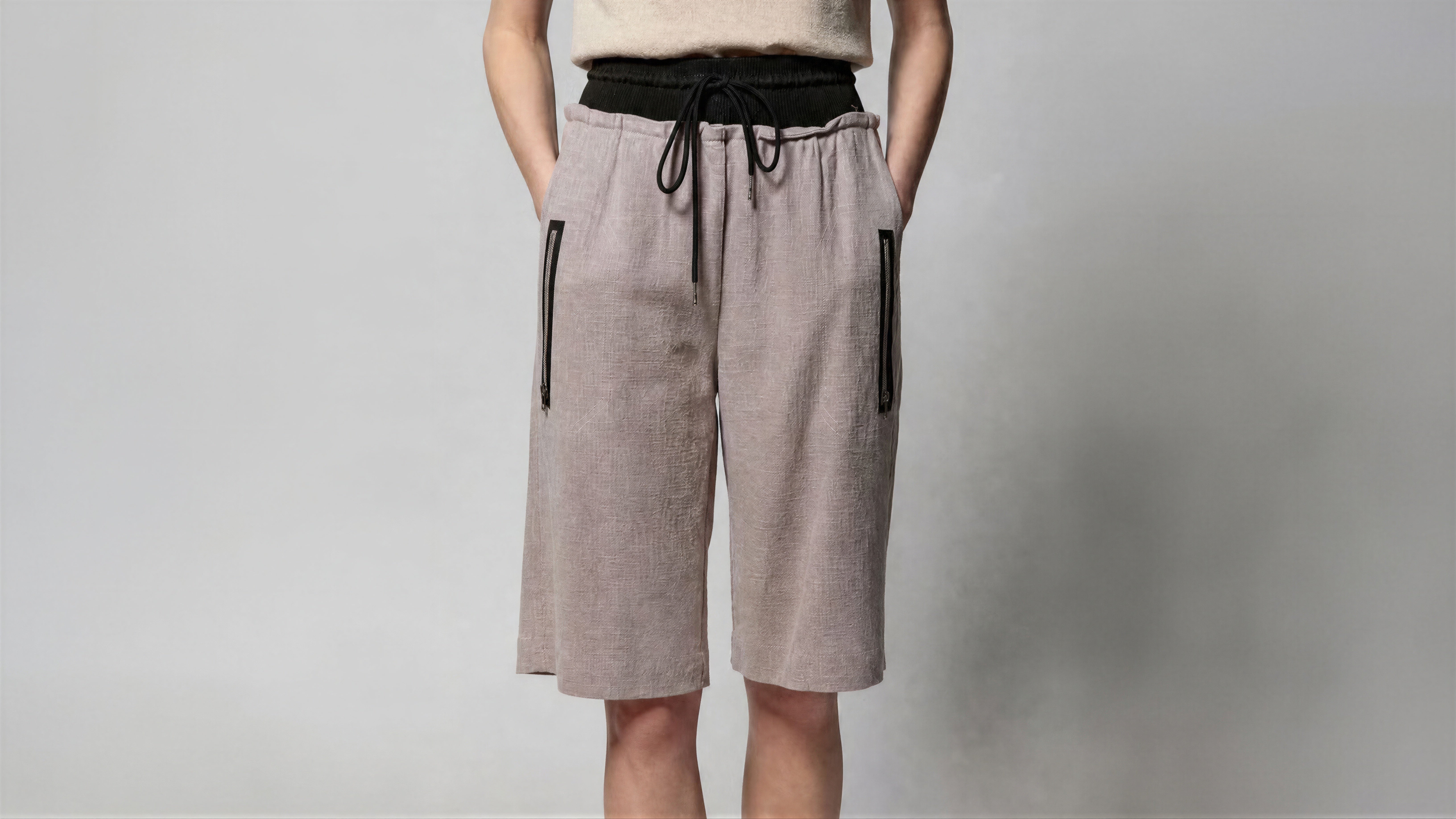 COOL GREY BLUE / COOL GREY BROWN LINEN CASUAL KNEE-LENGTH SHORTS