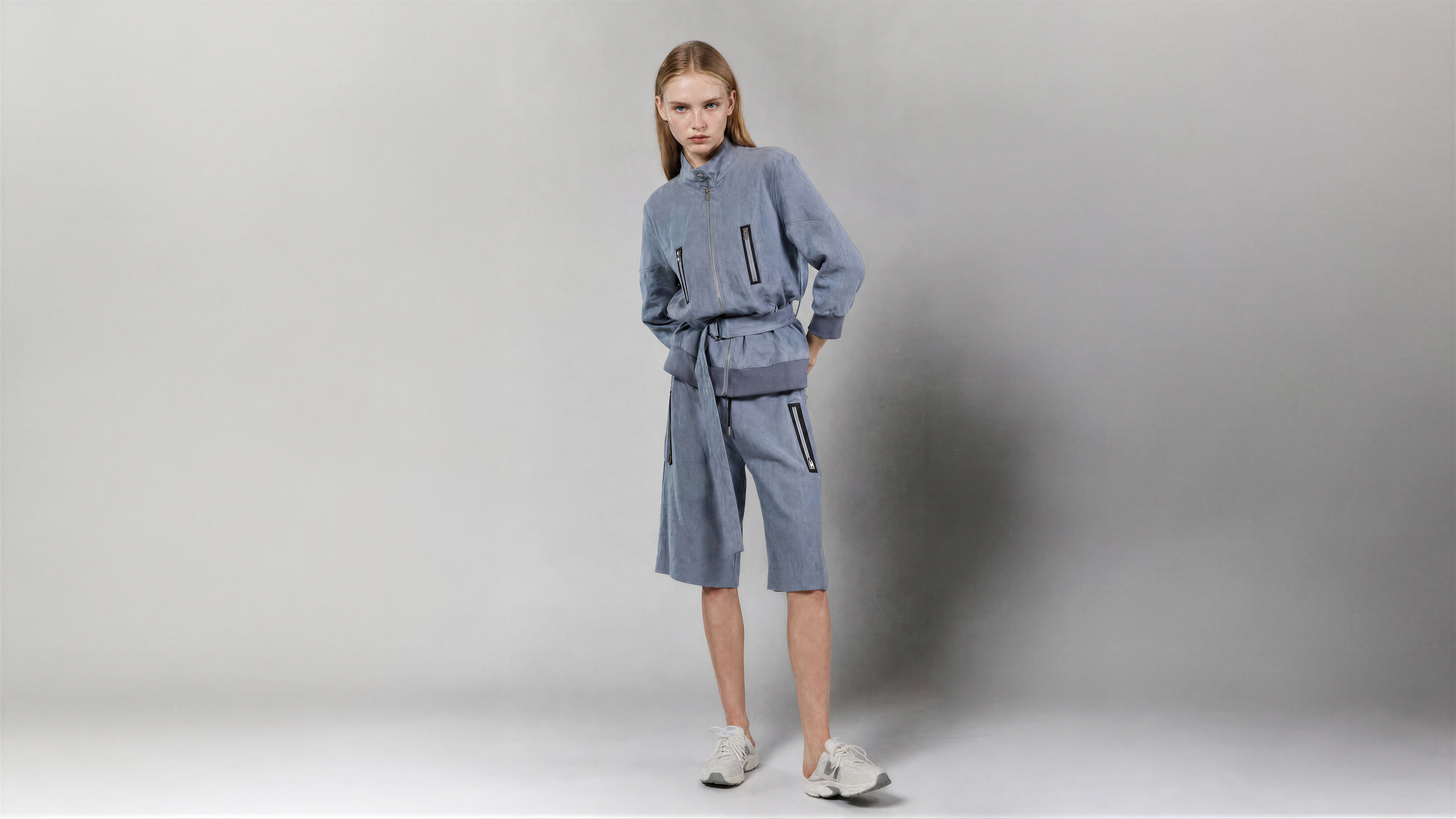 COOL GREY BLUE / COOL GREY BROWN LINEN CASUAL 3/4-SLEEVE JACKET