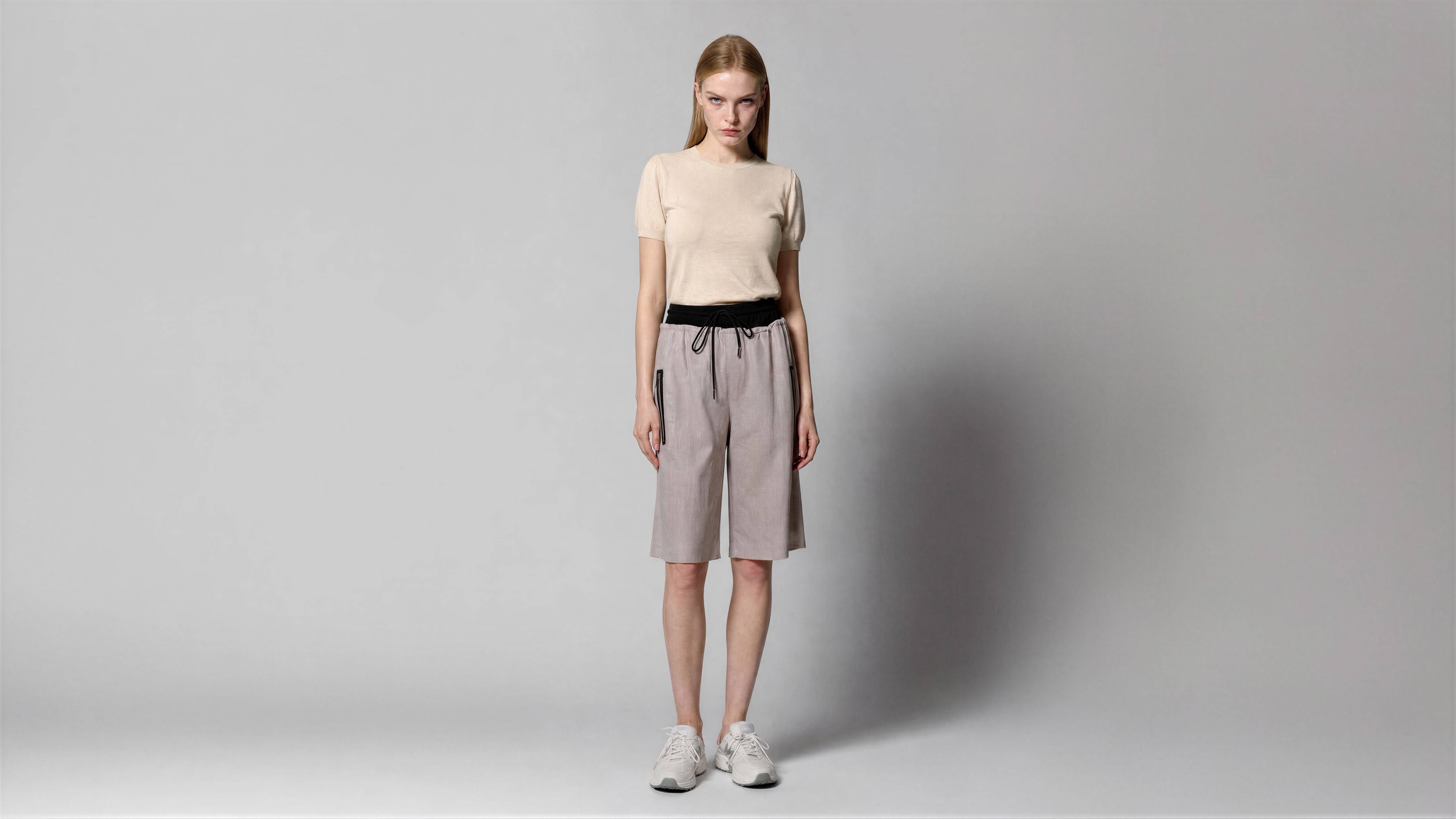 COOL GREY BLUE / COOL GREY BROWN LINEN CASUAL KNEE-LENGTH SHORTS