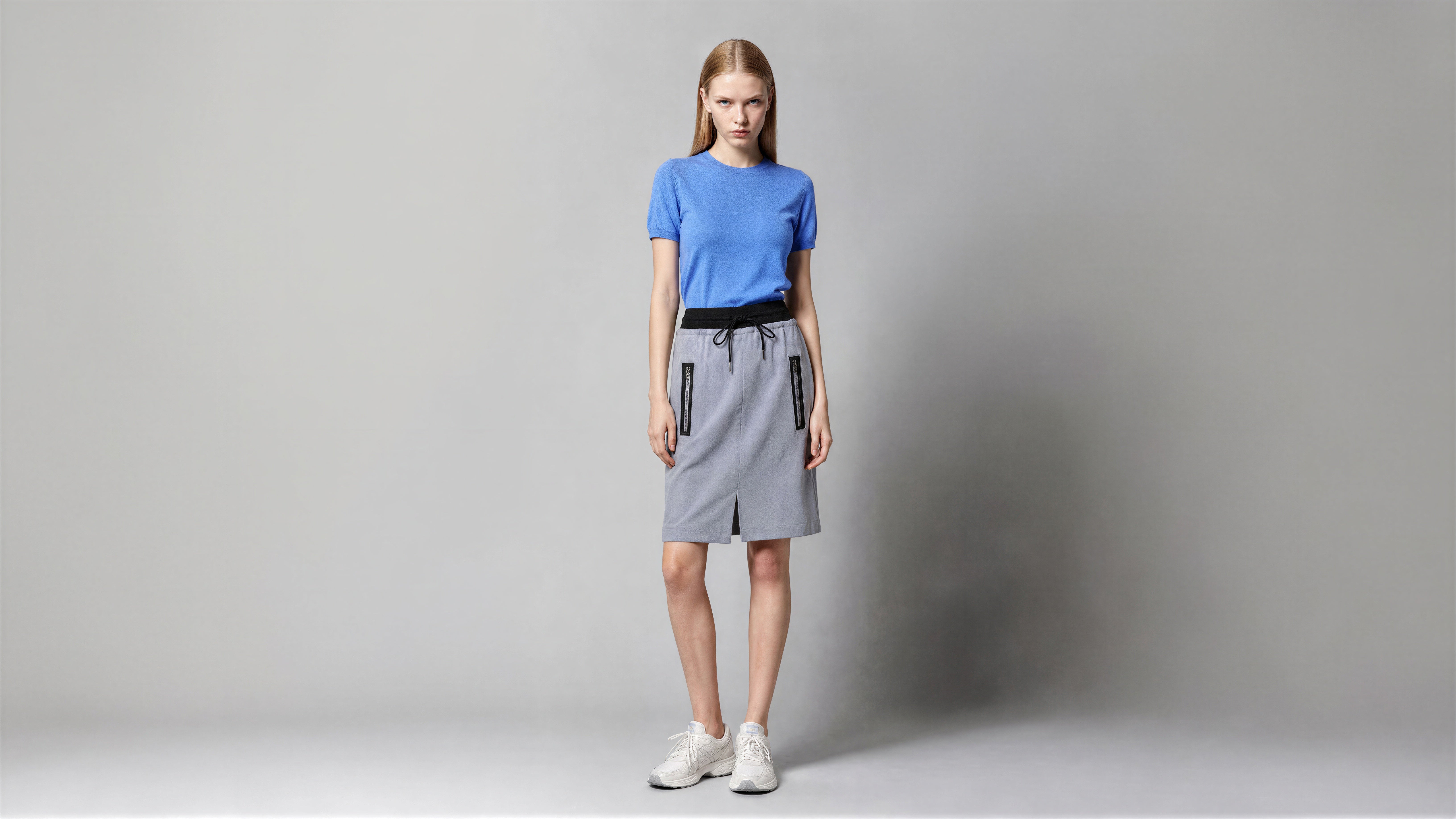 COOL GREY BLUE / COOL GREY BROWN LINEN CASUAL MIDI SKIRT