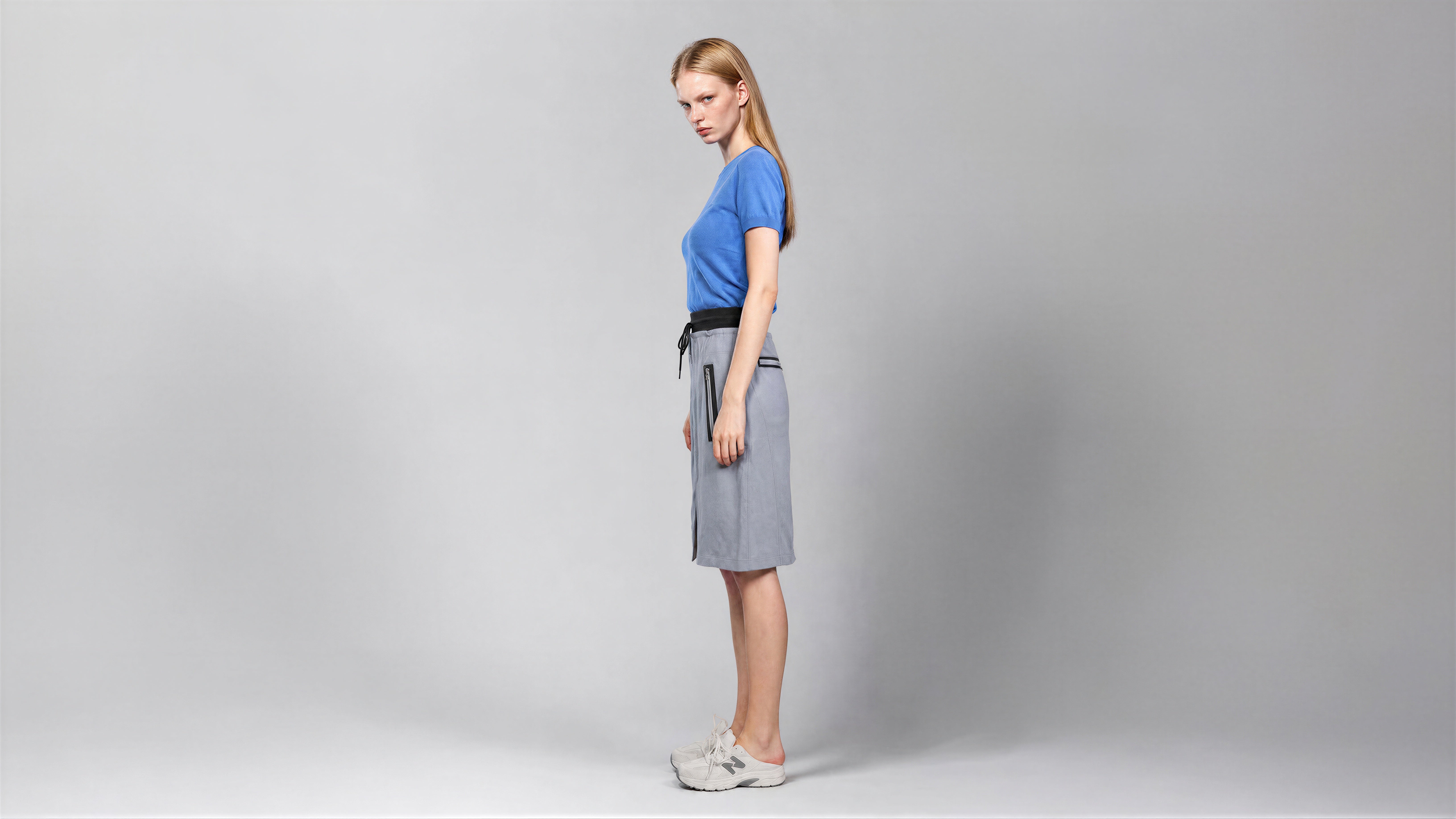 COOL GREY BLUE / COOL GREY BROWN LINEN CASUAL MIDI SKIRT