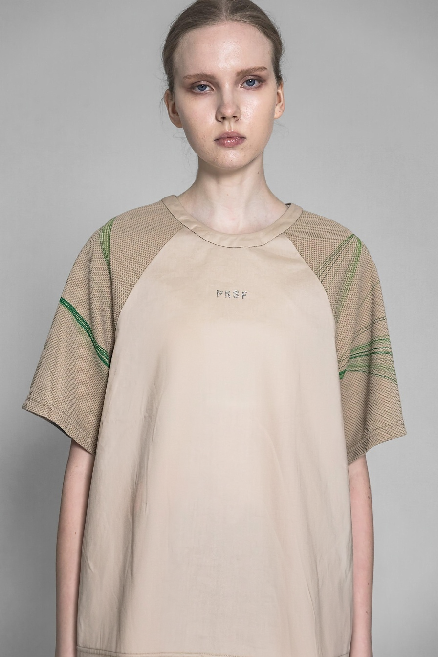 WHITE/KHAKI COTTON PANEL STRIPE PRINT LONG T-SHIRT