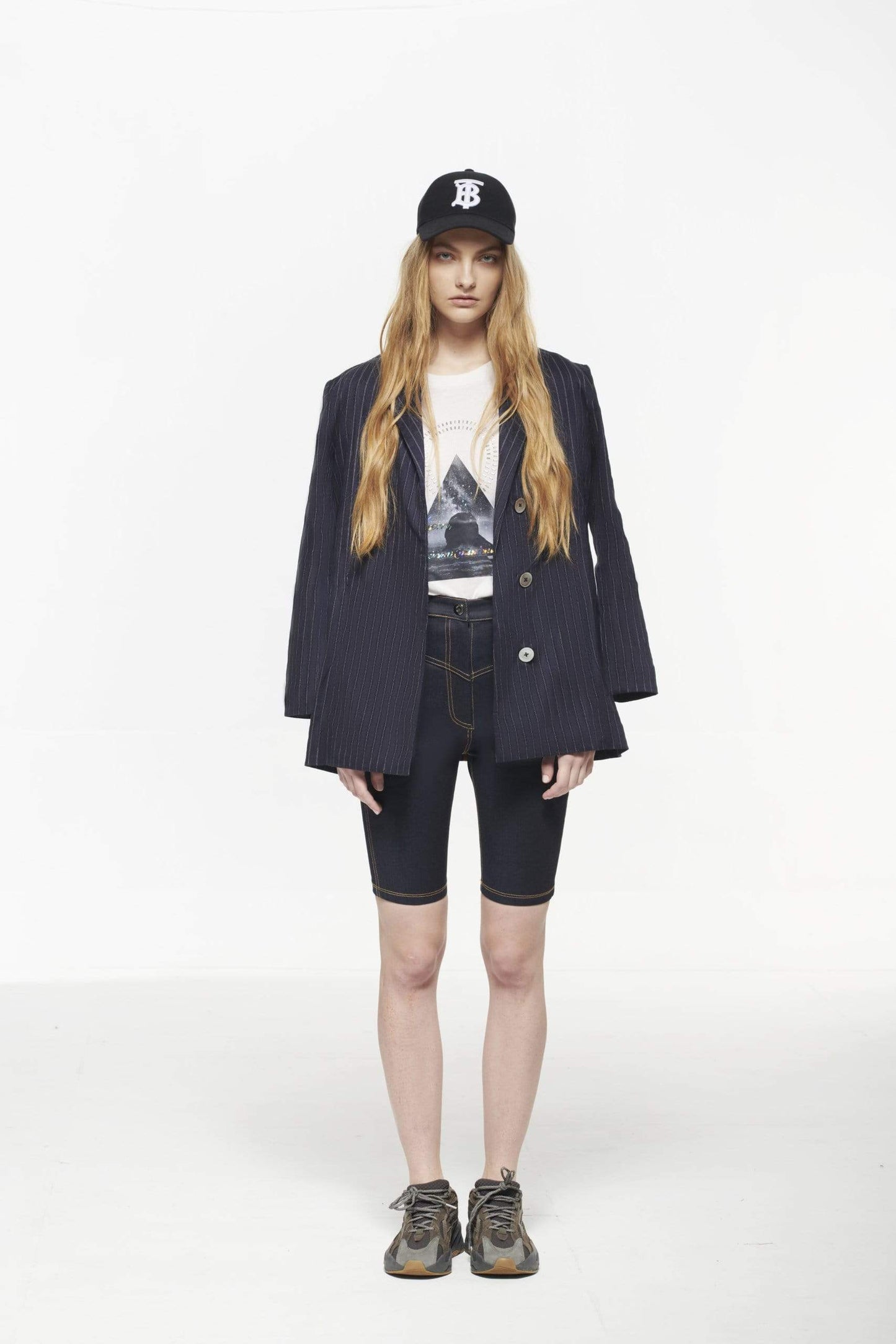 
                  
                    Pinkselfie  coat 藍色條紋麻料綁帶西裝外套
                  
                